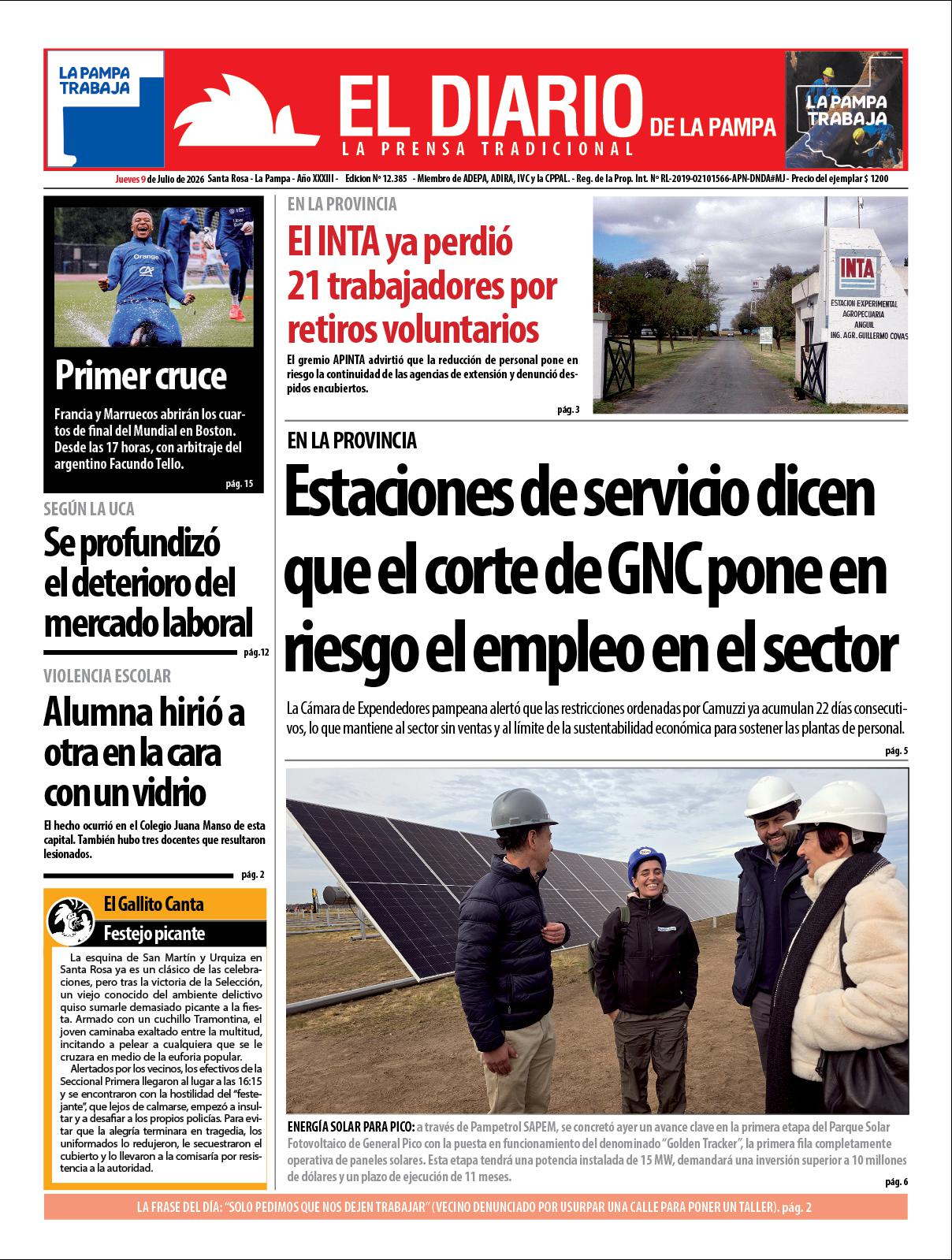 Tapa de El Diario en papel  jueves 09 de julio de 2026